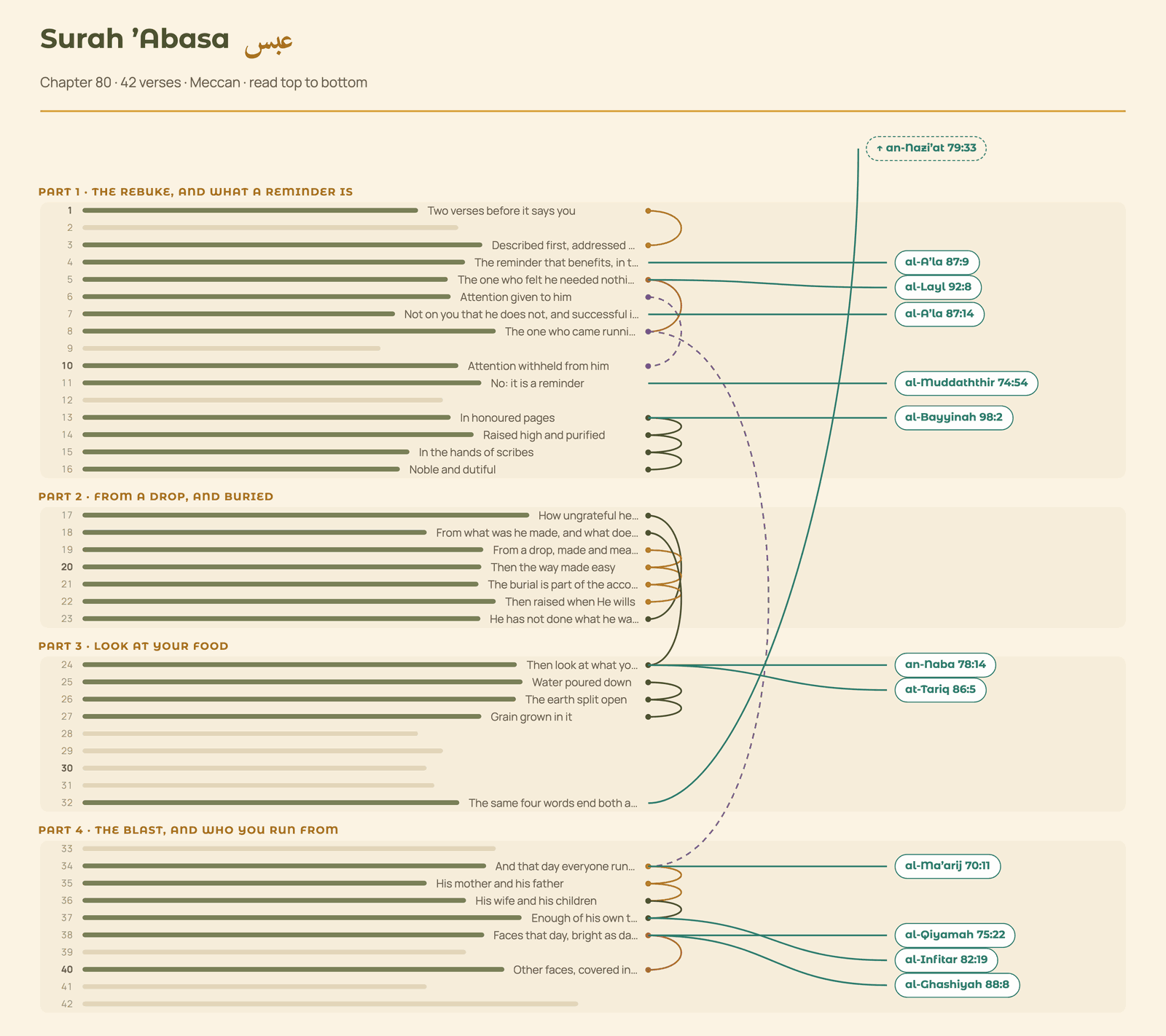 The Surah ’Abasa mind map. All 42 verses of the surah are drawn in order as horizontal bars whose length matches how long each ayah actually is, grouped into four labelled sections. Colour-coded curves join the verses that answer and echo each other, and pills down the right side link out to related ayahs in An-Nazi&rsquo;at, Al-A&rsquo;la, Al-Layl, Al-Muddaththir, Al-Bayyinah, An-Naba, At-Tariq, Al-Ma&rsquo;arij, Al-Qiyamah, Al-Infitar and Al-Ghashiyah.